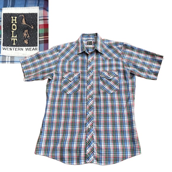 1980s Plaid Checked Snap Button Western Shirt Short Sleeve / Men’s Medium * - Picture 1 of 4